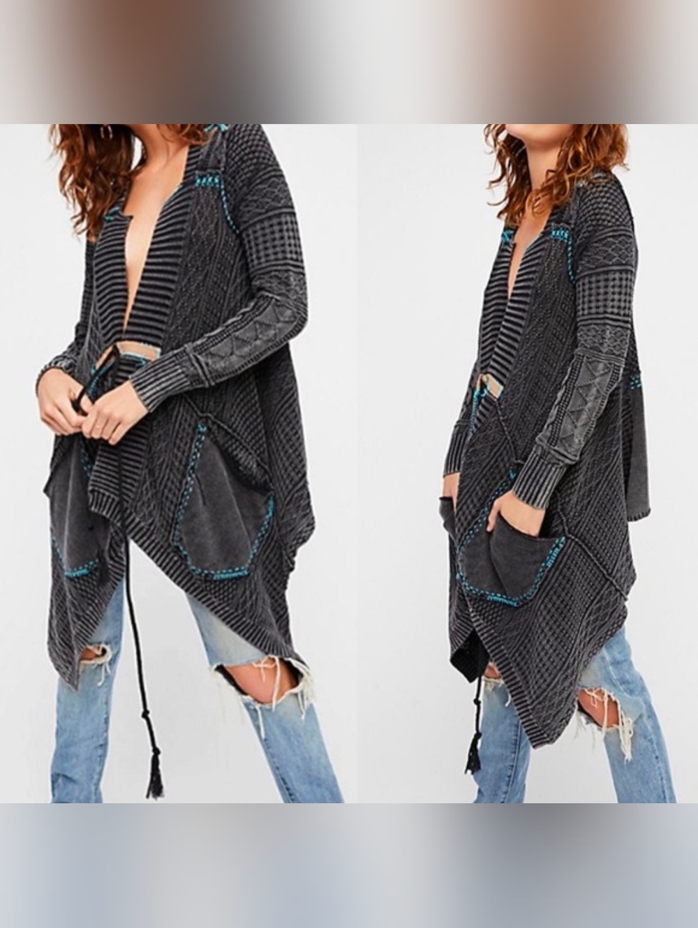 Free People All Washed Out Cardigan Sweater Grey Black with Blue Stitching XS - Picture 9 of 9